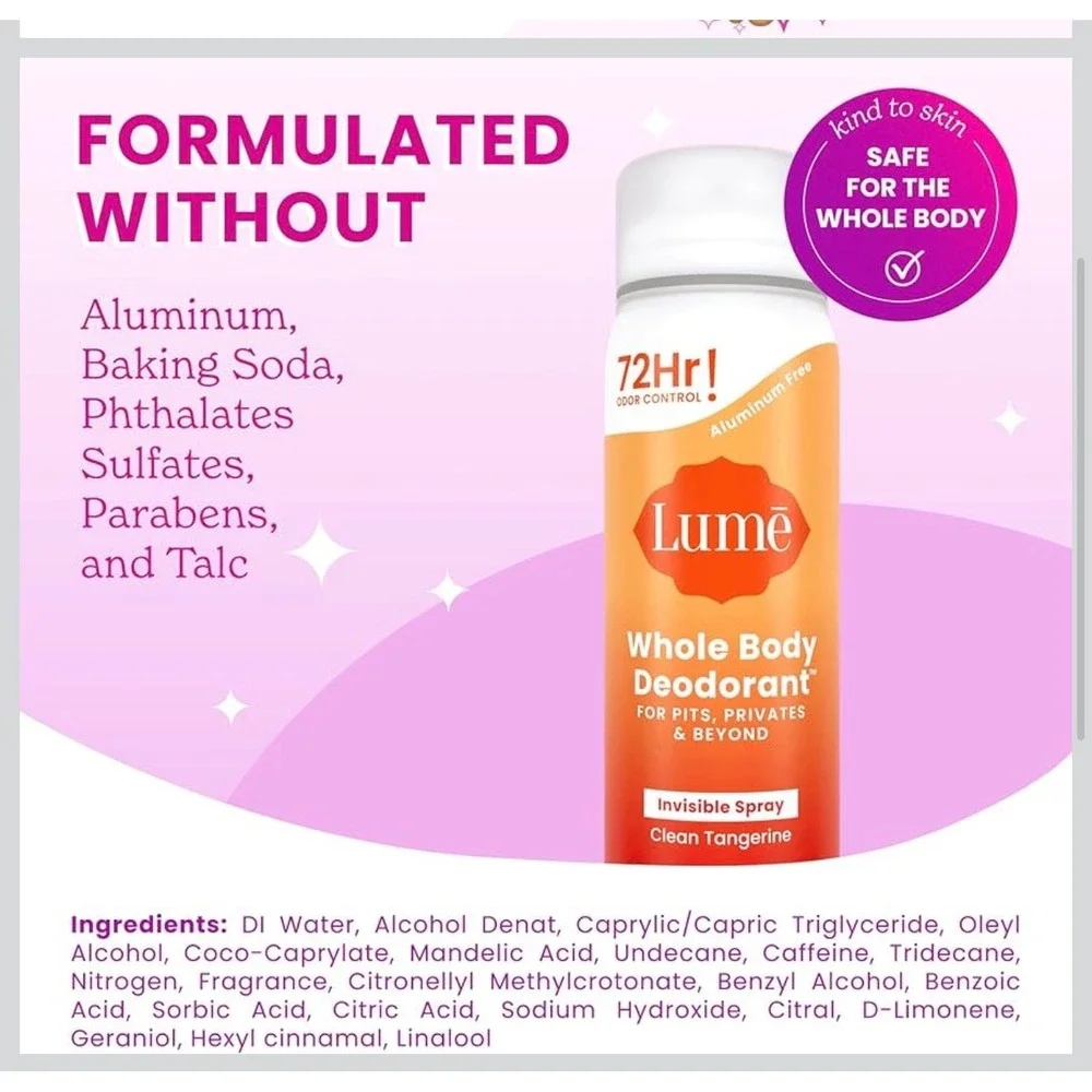 Lume Whole Body Deodorant Invisible Spray Clean Tangerine 3.6oz 3‎ Pack New